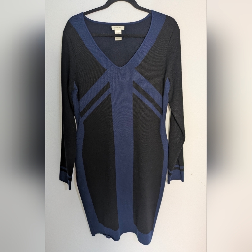 Max Studio Womens Mini Rayon Knit Dress Blue Black Striped Fitted Bodycon Sz L